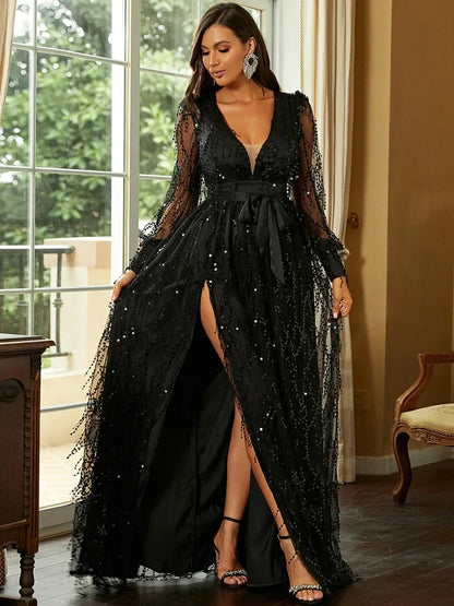Elegant Banquet Elegance Ladies Autumn New Black Silk Mesh Sequin Display Banquet Event Evening Dress Long Dress Women's Dress