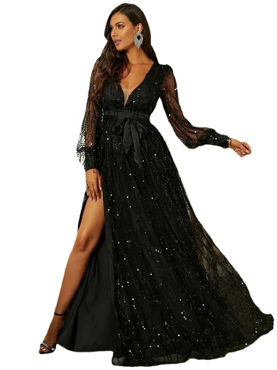 Elegant Banquet Elegance Ladies Autumn New Black Silk Mesh Sequin Display Banquet Event Evening Dress Long Dress Women's Dress
