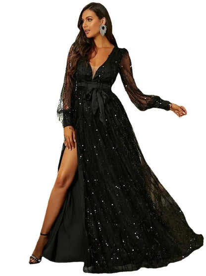 Elegant Banquet Elegance Ladies Autumn New Black Silk Mesh Sequin Display Banquet Event Evening Dress Long Dress Women's Dress