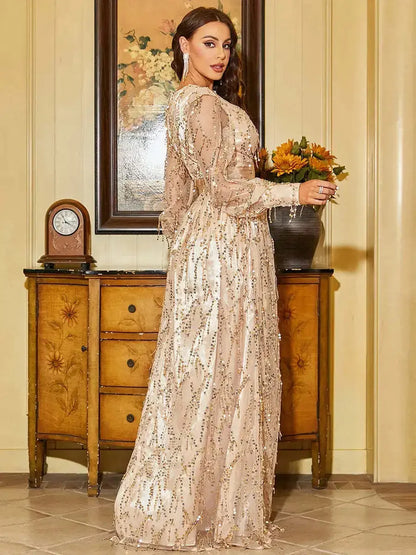 Elegant Banquet Elegance Ladies Autumn New Black Silk Mesh Sequin Display Banquet Event Evening Dress Long Dress Women's Dress